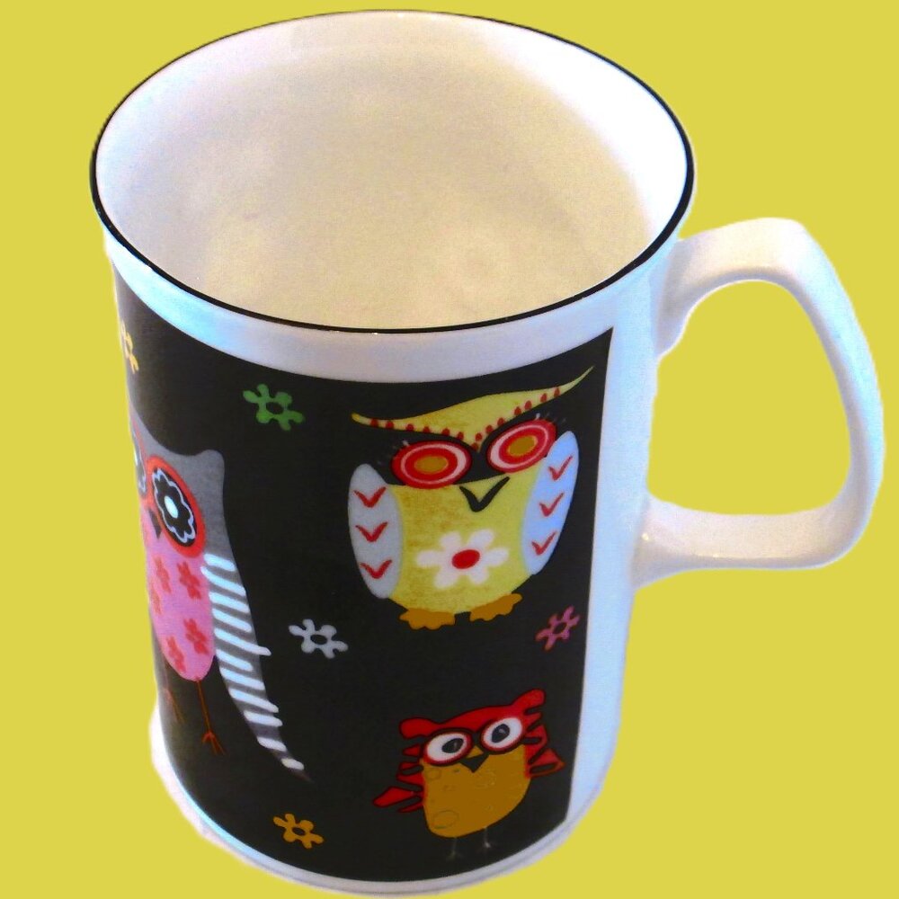 China Mug Owls,multi Color Owls, Rose of England fine bone china made in United